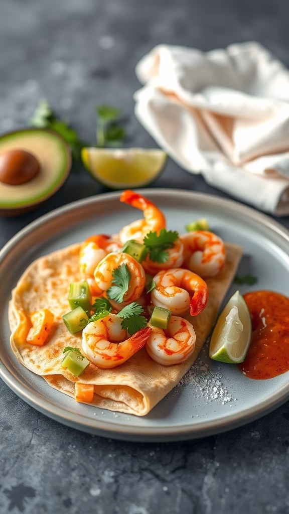 Spicy shrimp and avocado crepes served with lime and hot sauce.