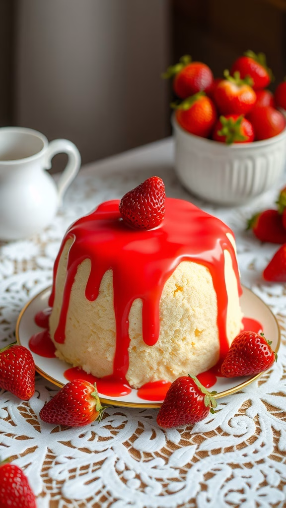 A delightful sponge cake topped with a glossy strawberry glaze and fresh strawberries.