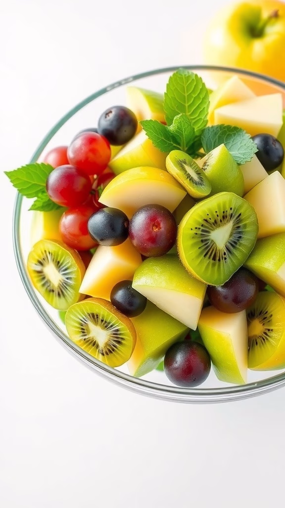 A colorful bowl of fruit salad featuring green apples, kiwis, grapes, and blueberries.