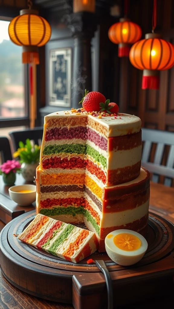 A vibrant steamed layer cake with colorful layers and a slice cut out.