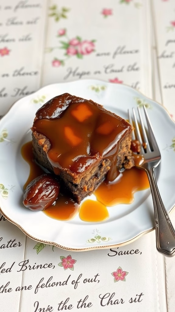 A serving of sticky toffee pudding topped with date sauce on a floral plate.