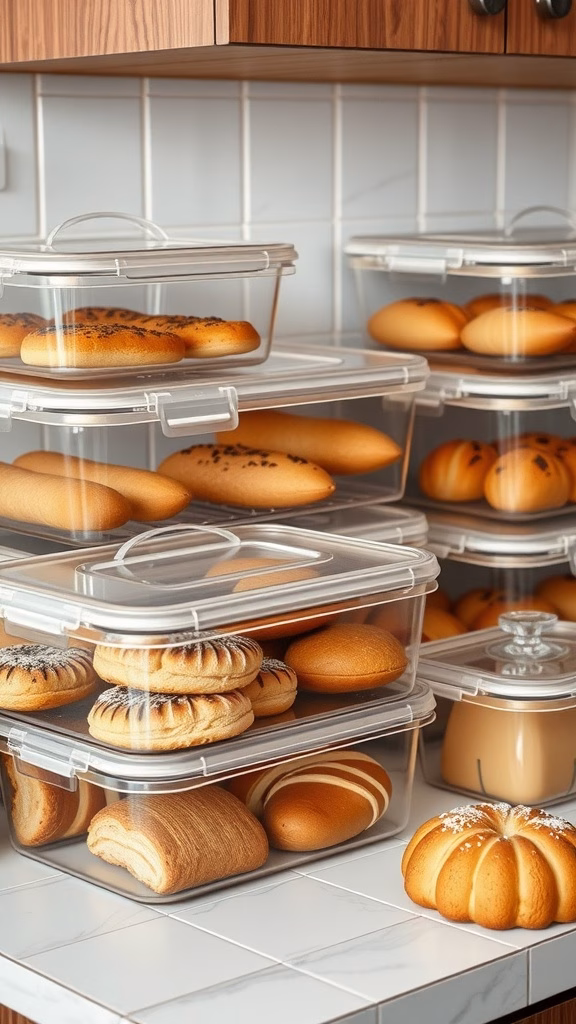 A neat arrangement of baked pastries stored in clear containers, showcasing various types of bread and desserts on a kitchen counter.