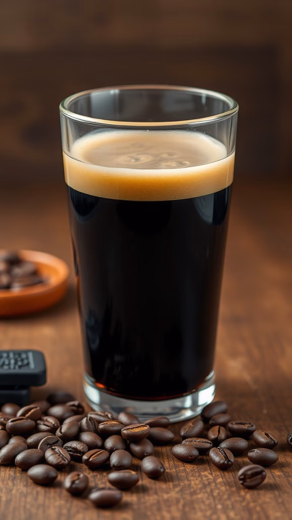 A glass of stout beer with coffee beans scattered around on a wooden table.