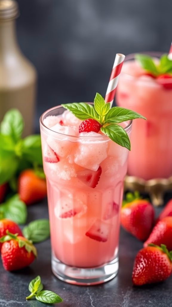 A refreshing Strawberry Basil Granita served in a glass, garnished with a basil leaf and a slice of strawberry.