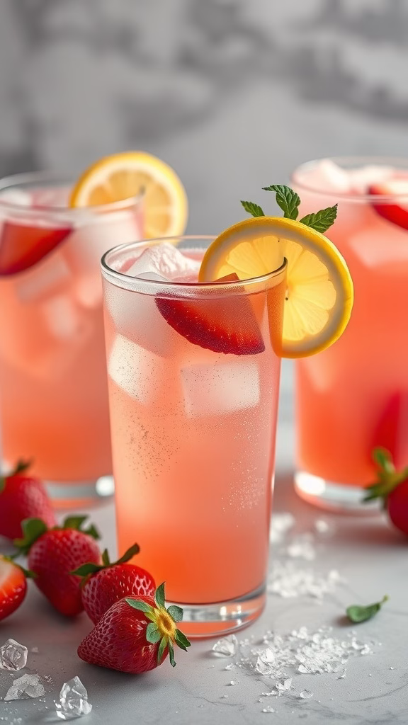 Refreshing Strawberry Lemonade Fizz with strawberries and lemon garnish