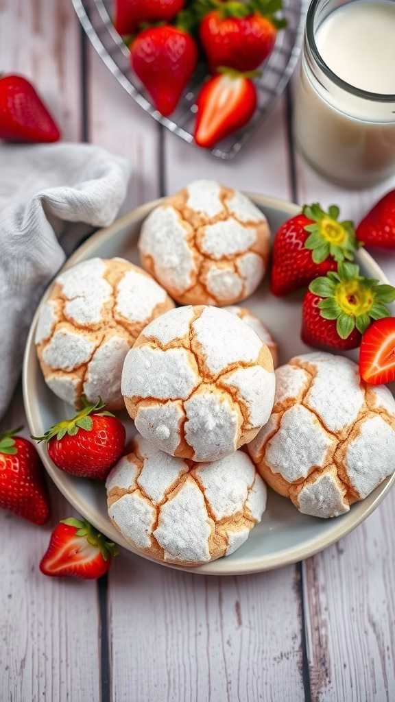 Delicious strawberry shortcake crinkle cookies on a plate with fresh strawberries