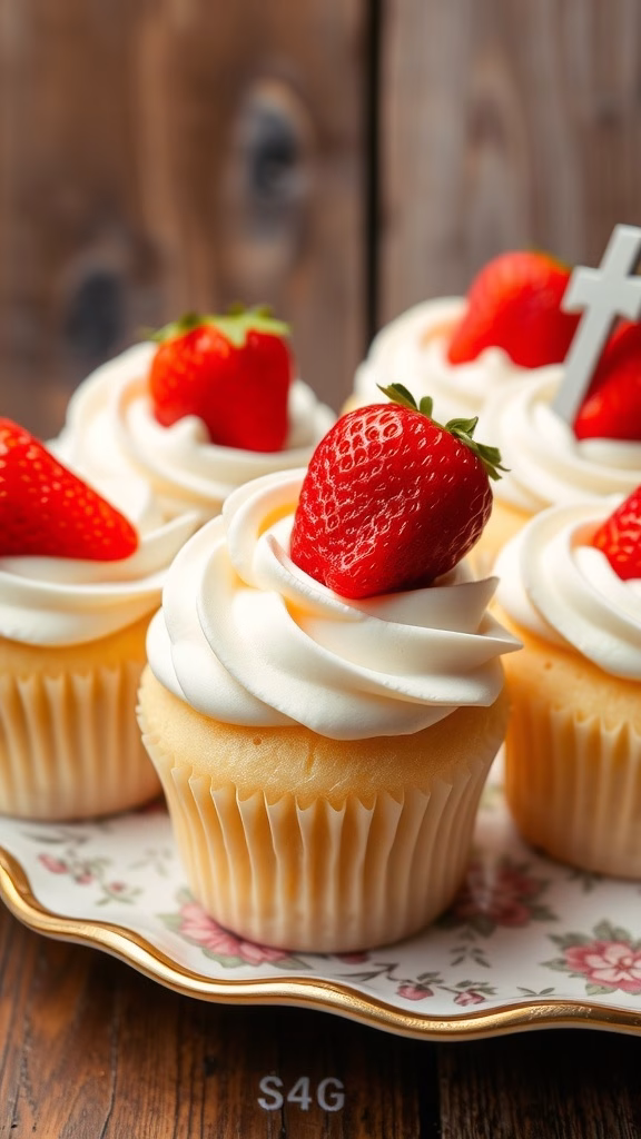 Delicious strawberry shortcake vanilla cupcakes topped with whipped cream and fresh strawberries.