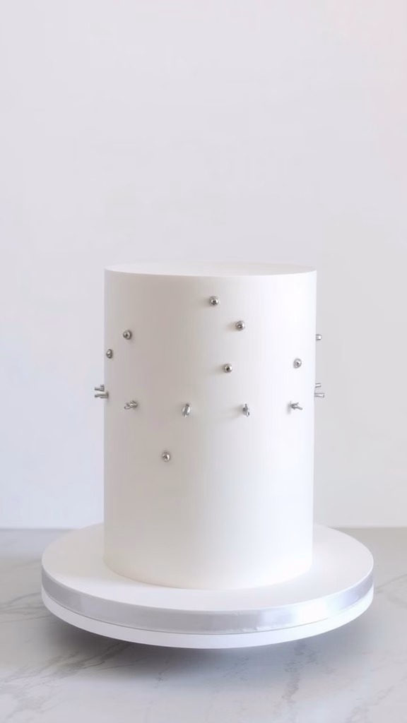 A minimalist white cake with subtle golden accents and the word 'SOVCEN' in wooden letters