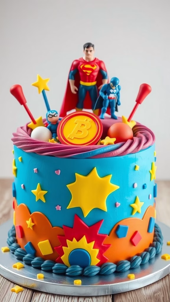 A colorful superhero-themed cake with bright blue icing, topped with superhero figurines and playful decorations.