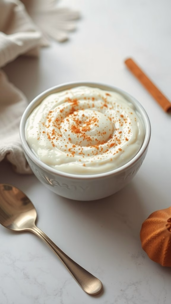 A bowl of Turkish rice pudding (sütlaç) topped with cinnamon.