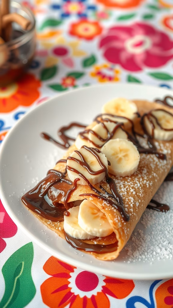 Delicious Nutella and banana crepes with powdered sugar and chocolate sauce