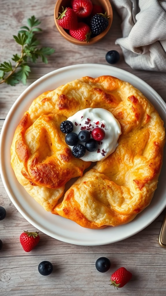 A plate of golden syrnyky topped with berries and sour cream
