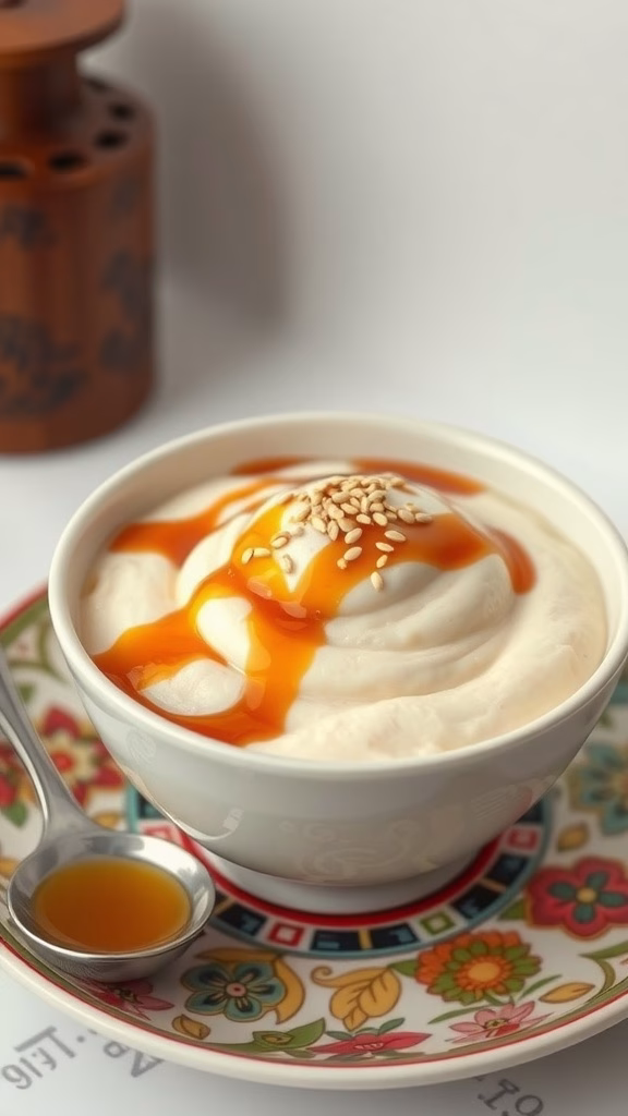A bowl of Tau Huay (sweet beancurd pudding) topped with syrup and sesame seeds.