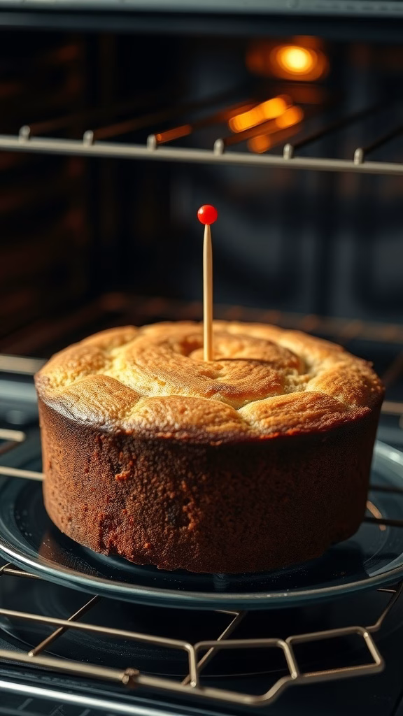 A cake in the oven with a toothpick inserted in its center to test for doneness.
