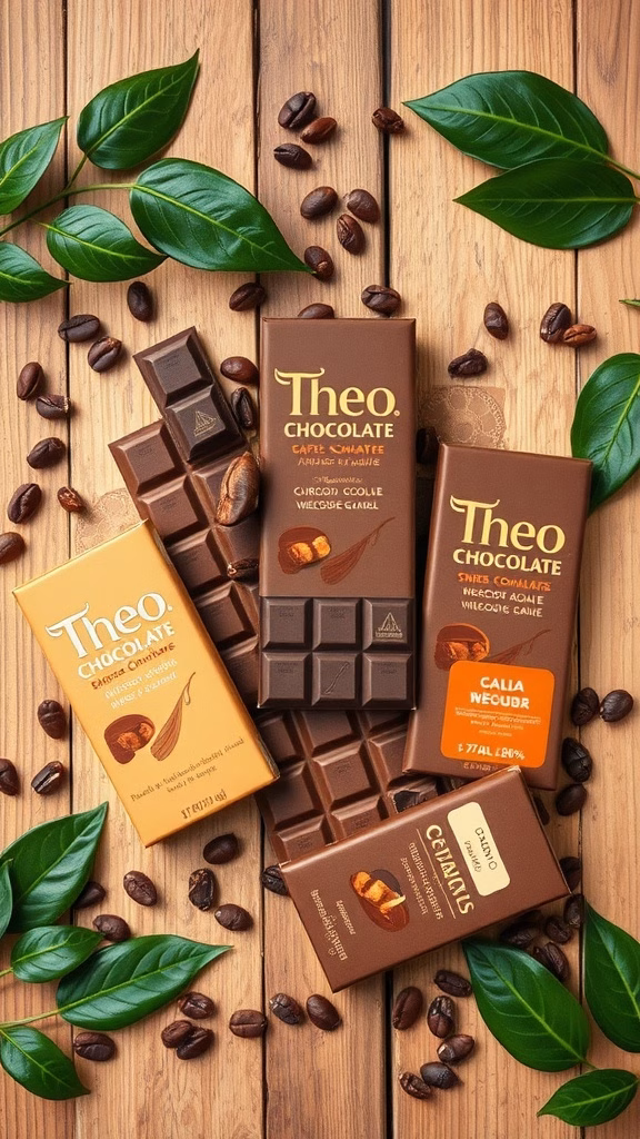 An assortment of Theo Chocolate bars arranged with coffee beans and green leaves on a wooden surface.