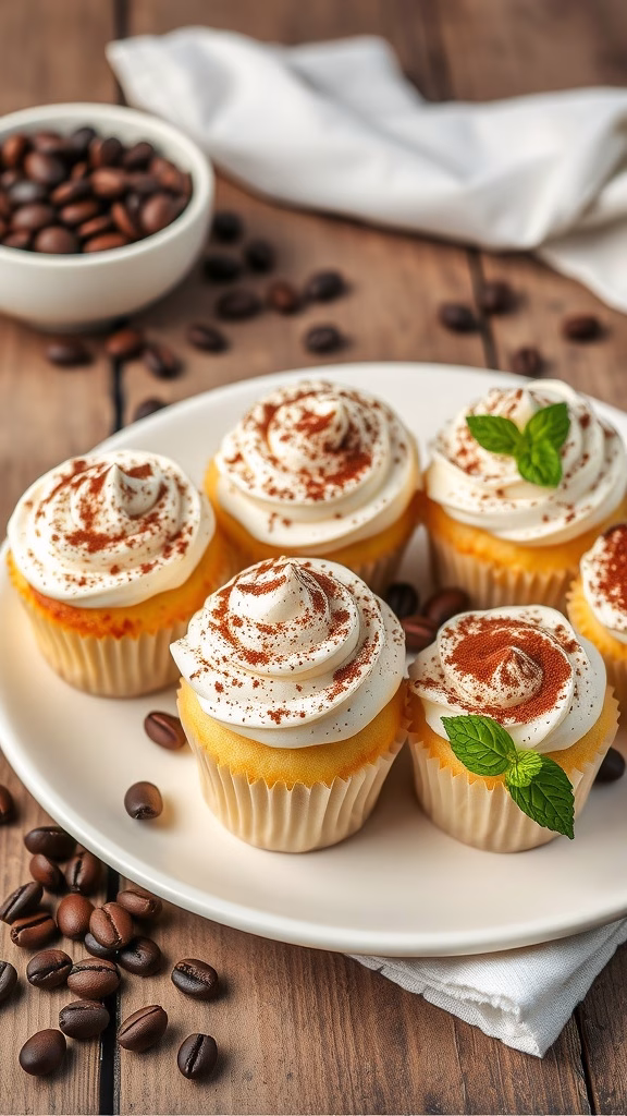 Delicious Tiramisu-Inspired Vanilla Cupcakes topped with mascarpone frosting and cocoa powder