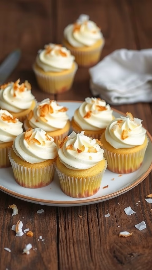 Toasted Coconut Vanilla Cupcakes with coconut frosting and toasted coconut flakes on top