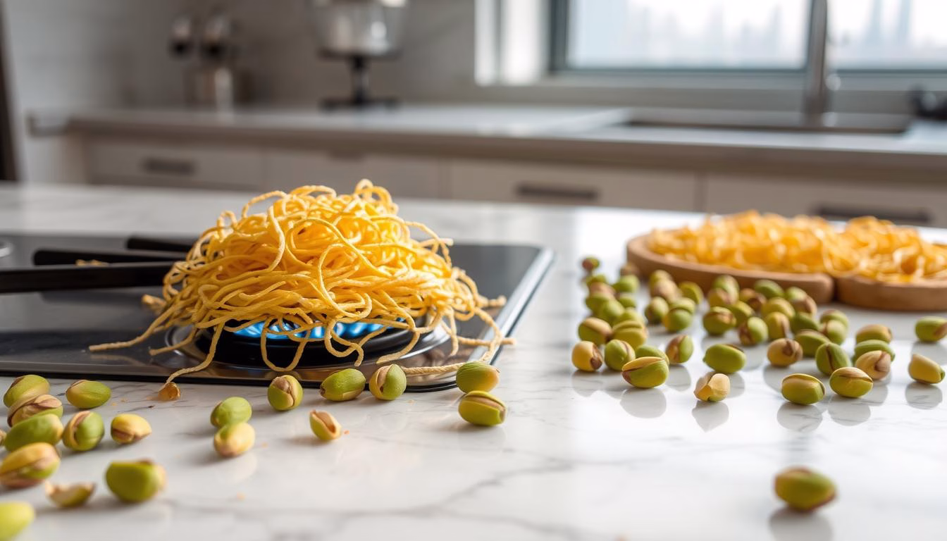 toasting kataifi and pistachios