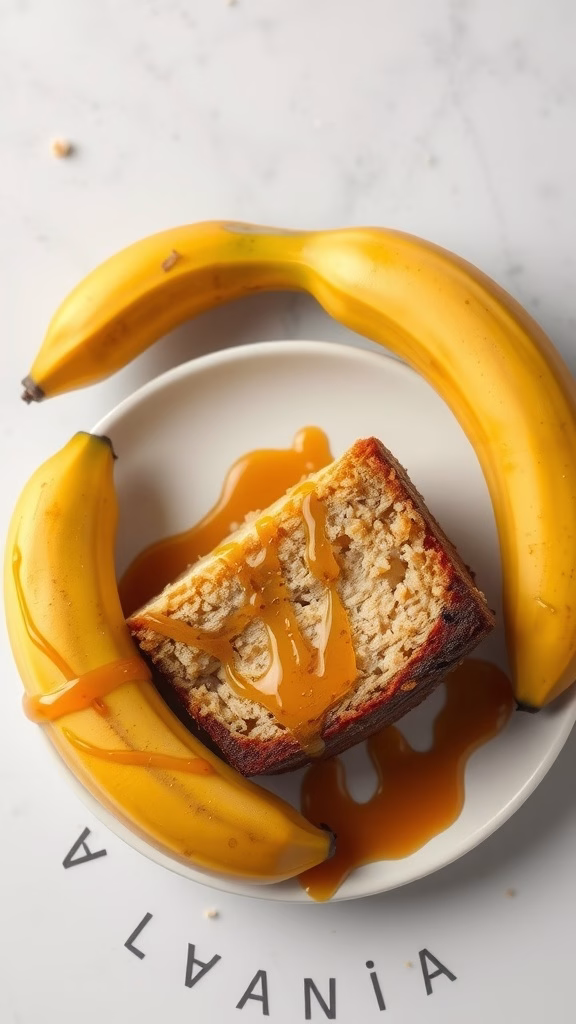 Slice of Torta de Plátano drizzled with caramel sauce