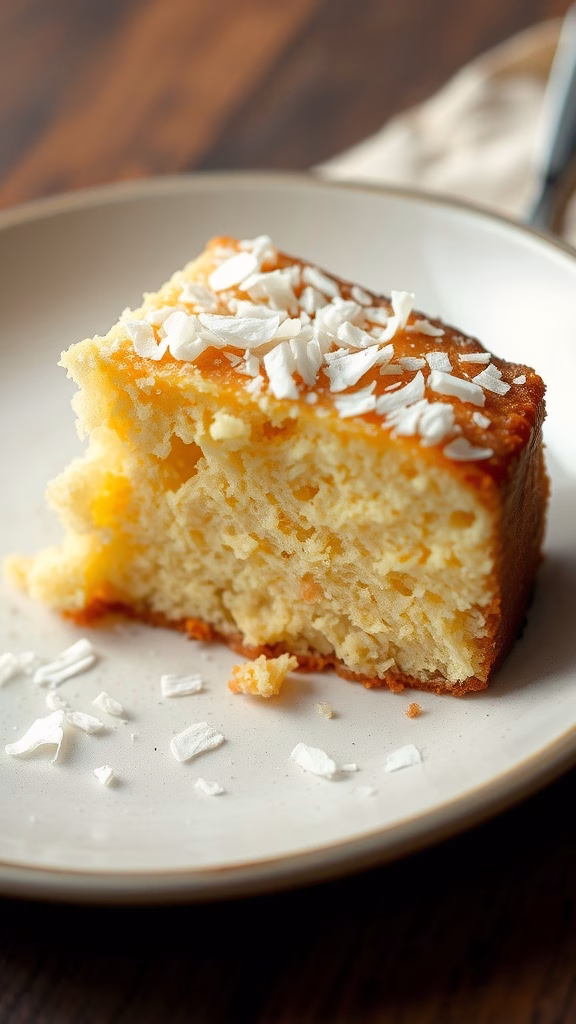 A slice of Torta de Yuca, a Colombian cassava cake topped with shredded coconut.
