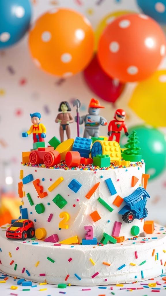 A colorful toy-themed cake with decorations like figurines, vehicles, and building blocks, surrounded by balloons.