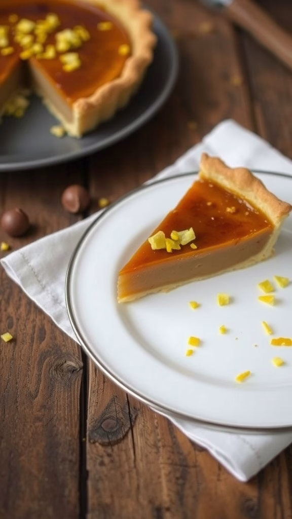 Slice of treacle tart garnished with lemon zest on a white plate.