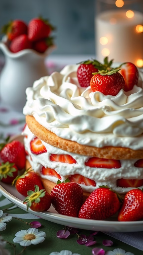 A beautifully decorated Tres Leches cake topped with strawberries and whipped cream.