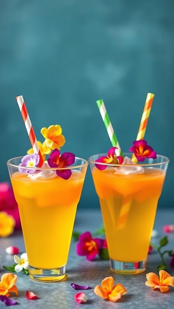 Tropical Mango Passion Fruit Jello Cups decorated with flowers