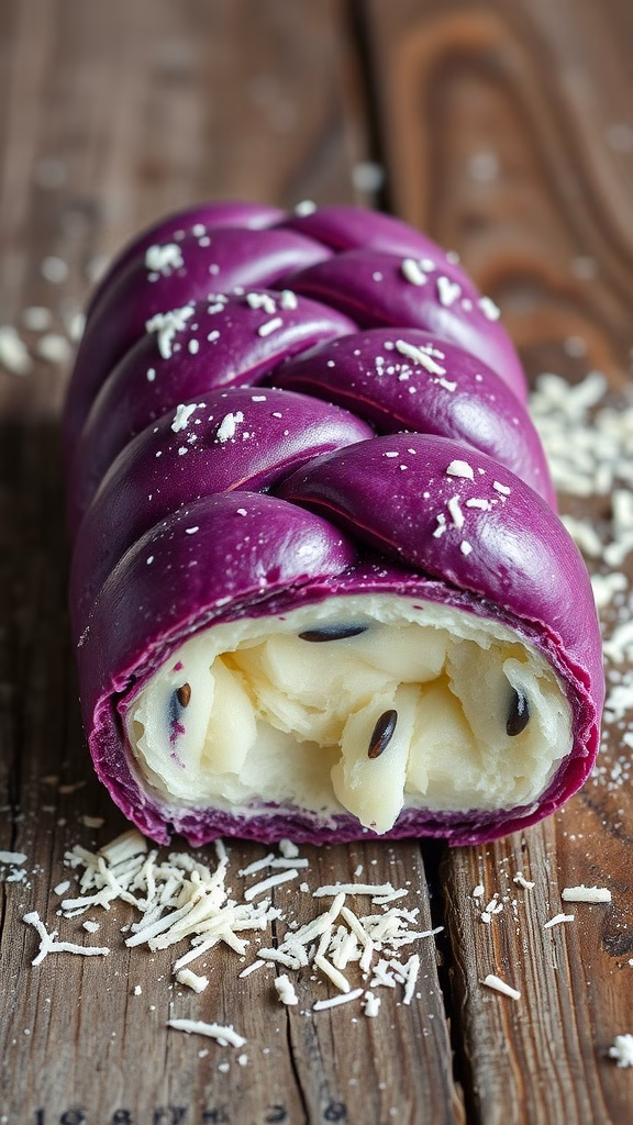 A beautifully braided ube bread showcasing its vibrant purple color and a creamy filling.