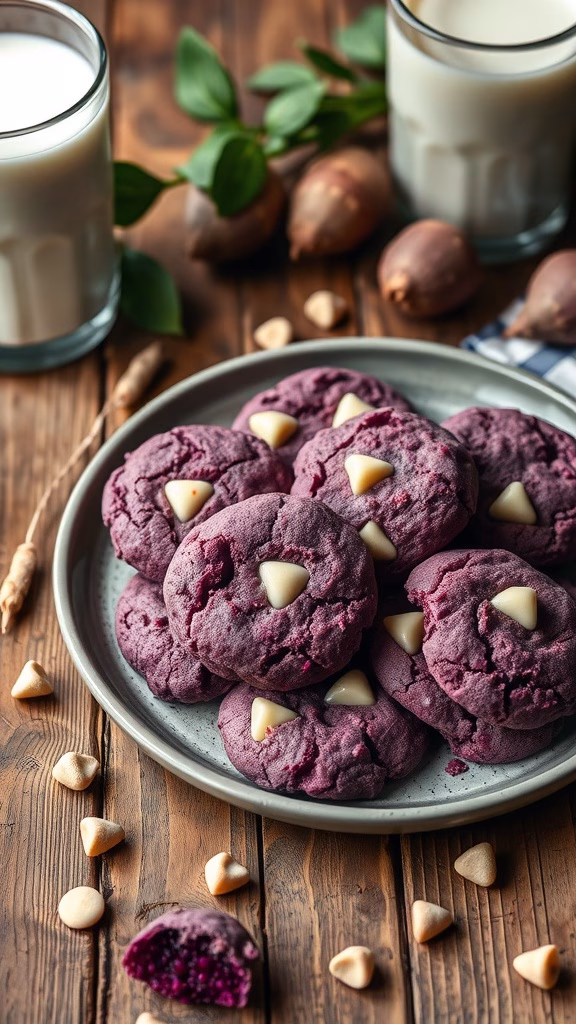 Plate of ube white chocolate chip cookies with milk