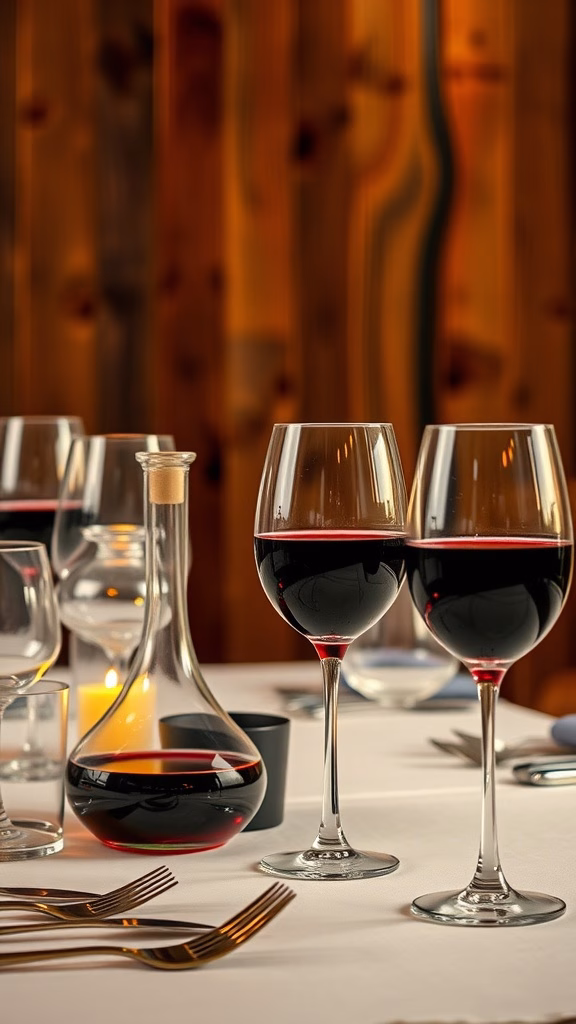 A beautifully arranged table with wine glasses, a decanter, and soft lighting, creating an elegant atmosphere.