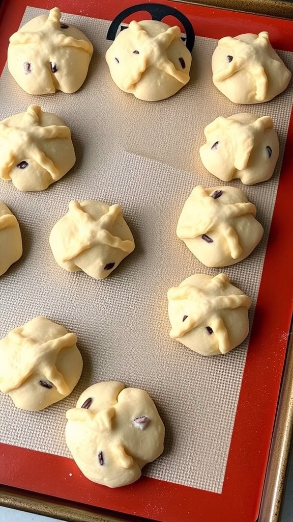 A Silpat baking mat with dough portions placed on it, ready for baking.
