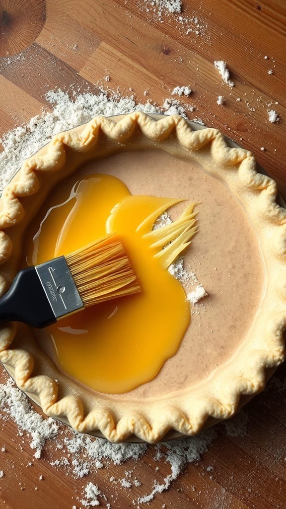 A pie crust with a raw egg yolk and a brush for applying egg wash, surrounded by flour on a wooden surface.