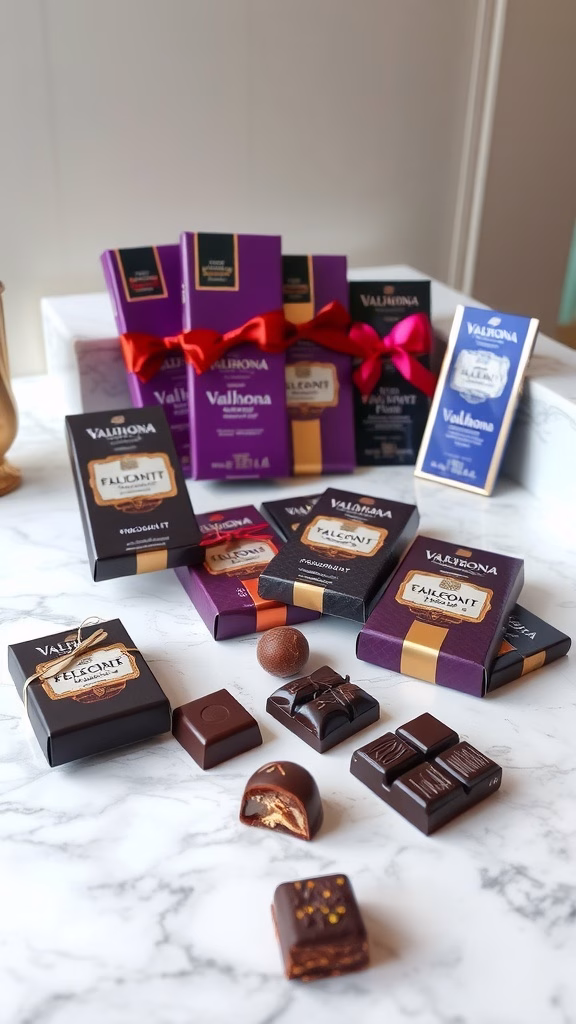 An assortment of Valrhona chocolate products displayed elegantly.