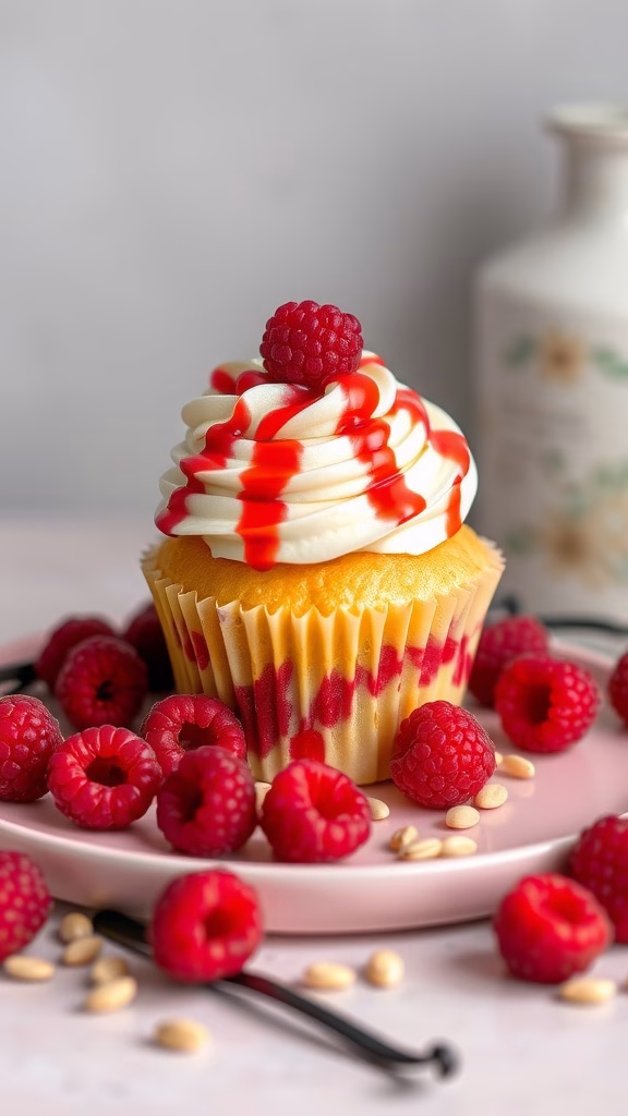 Vanilla Bean & Raspberry Swirl Cupcakes with frosting and raspberries