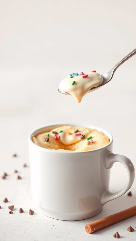 A vanilla protein mug cake topped with colorful sprinkles in a white mug.