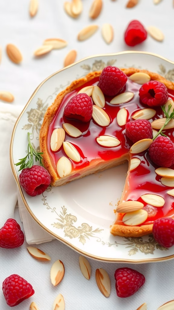 A beautifully arranged vegan raspberry almond tart topped with fresh raspberries and sliced almonds.