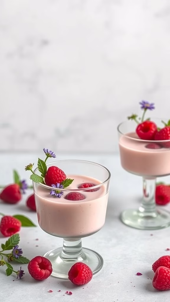 Delicious vegan raspberry mousse served in glasses with fresh raspberries and mint.