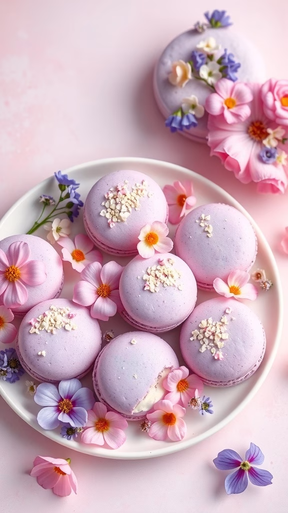 Violet-flavored macarons decorated with edible flowers