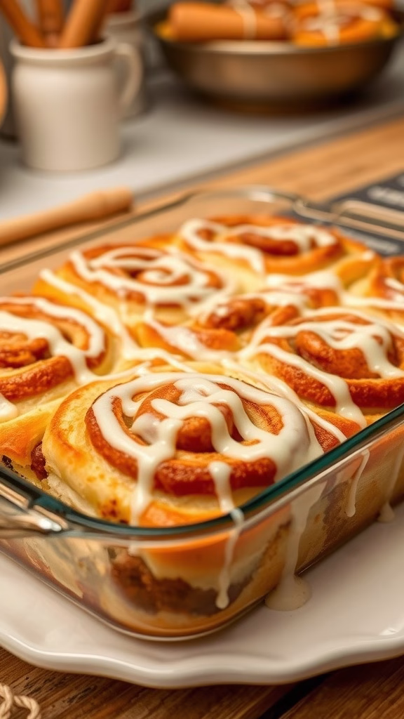 A warm cinnamon roll casserole topped with icing