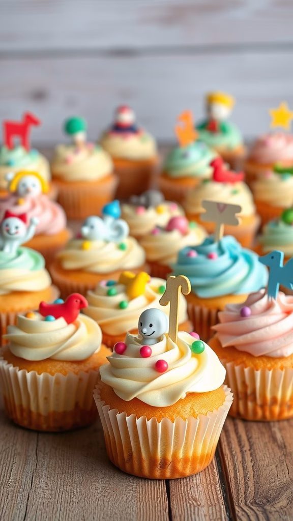 Colorful mini cupcakes with fun toppers and frosting.