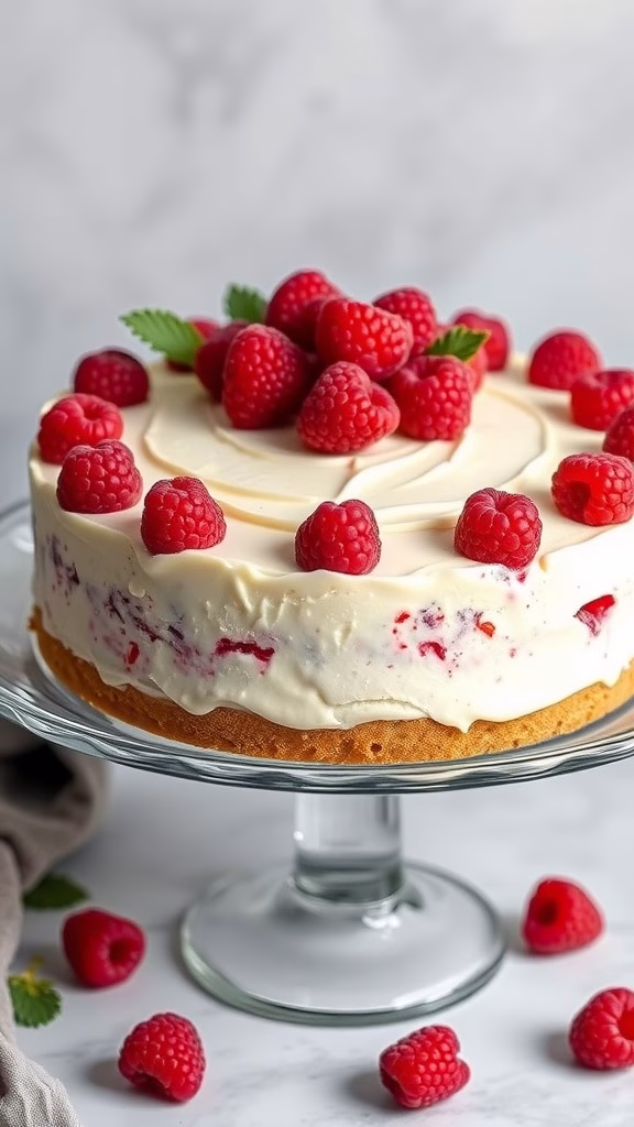 A creamy white chocolate raspberry pie topped with fresh raspberries.