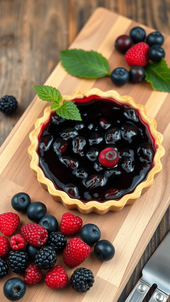 Wild Berry Jam Tart with assorted berries on a wooden board