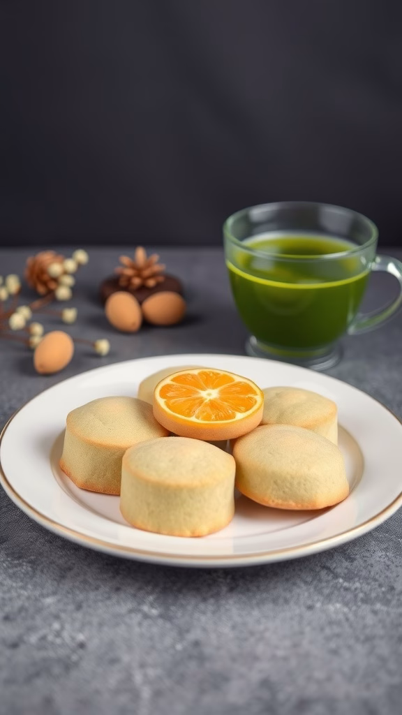 Delicious yuzu and green tea cookies on a plate with a slice of yuzu.