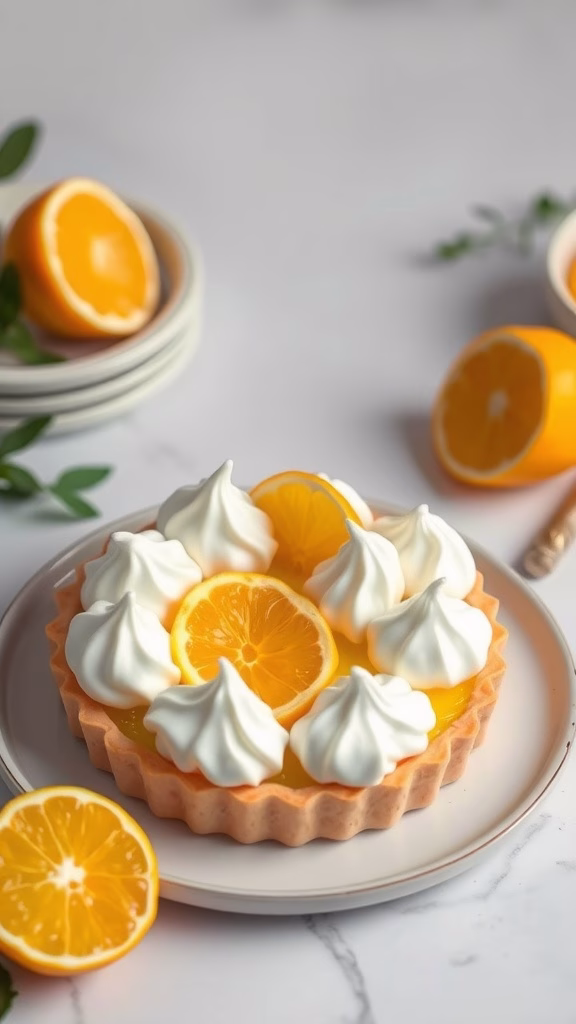 A beautifully arranged yuzu citrus tart topped with fluffy meringue and decorated with slices of yuzu.