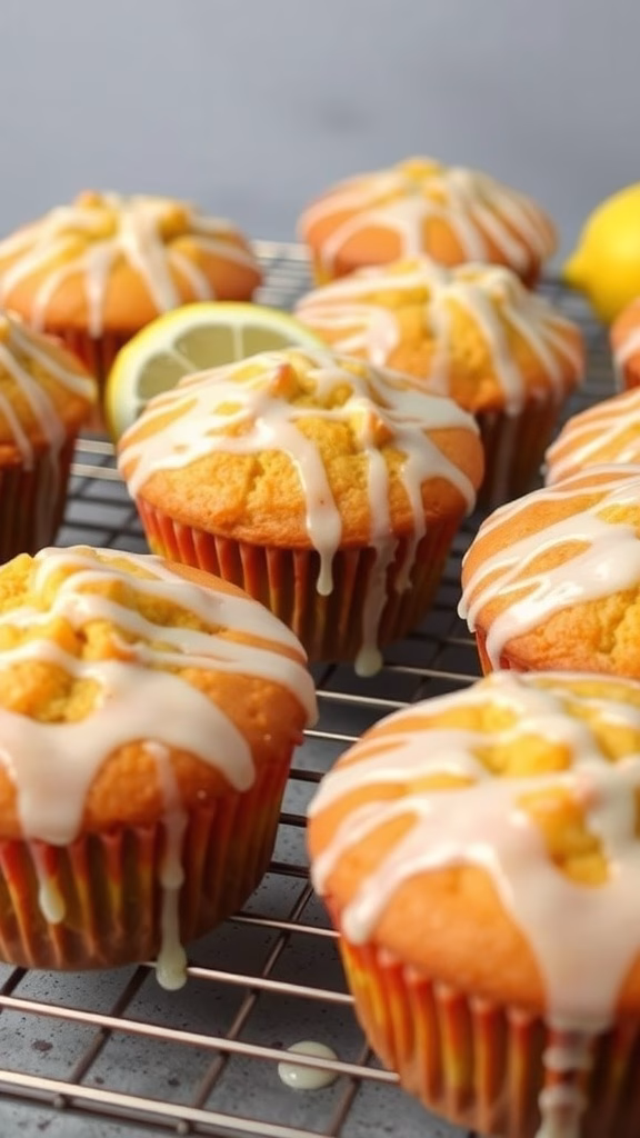 Freshly baked yuzu muffins drizzled with lemon glaze on a cooling rack.