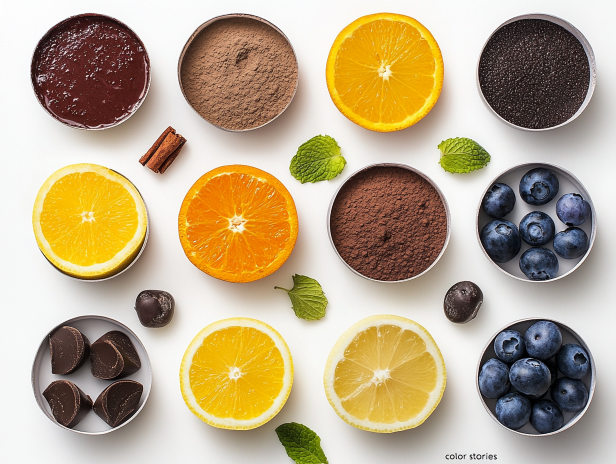 a group of bowls of fruit and chocolate