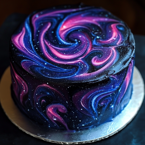 Galaxy Glow Cake - Make a black or navy cake with swirls of UV-reactive food coloring in purples, blues, and pinks to create a glowing galaxy effect.