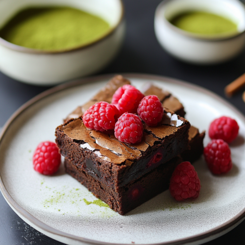 Matcha Brownies with Raspberry