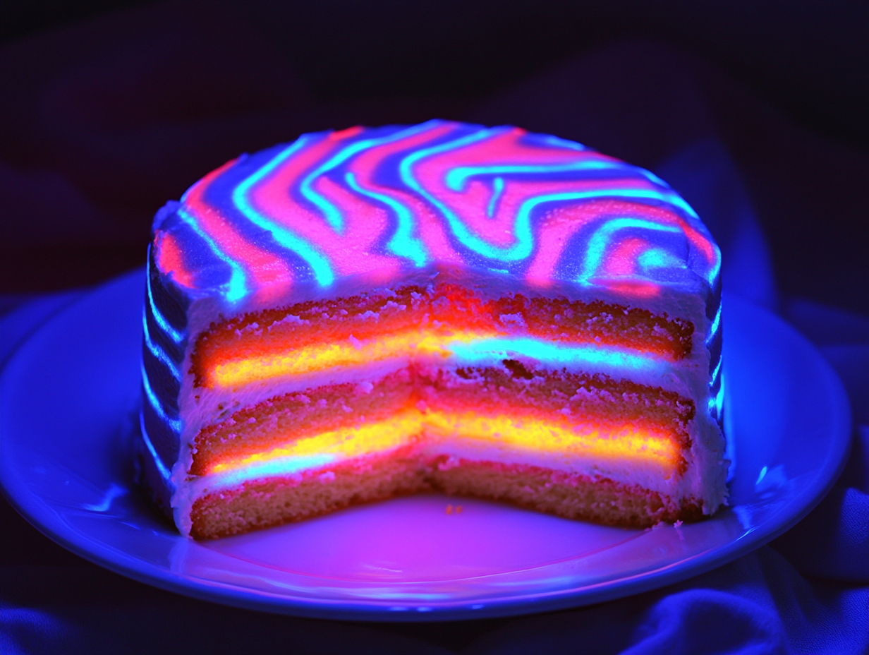 Make a multi-layer cake with alternating layers of different UV-reactive colors. When sliced under blacklight, each layer creates a striking glowing pattern.